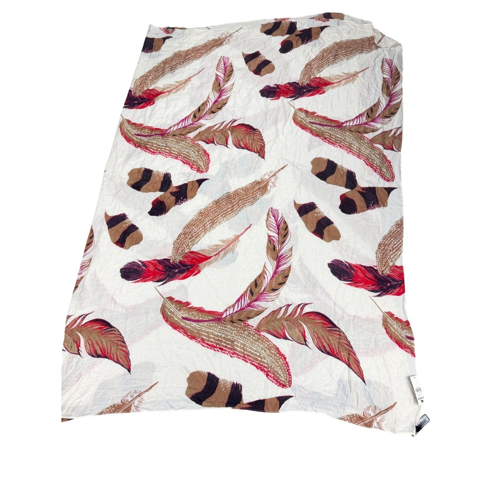 Express Women White Feather Print Scarf Lightweight Viscose Wrap Red Brown OS
